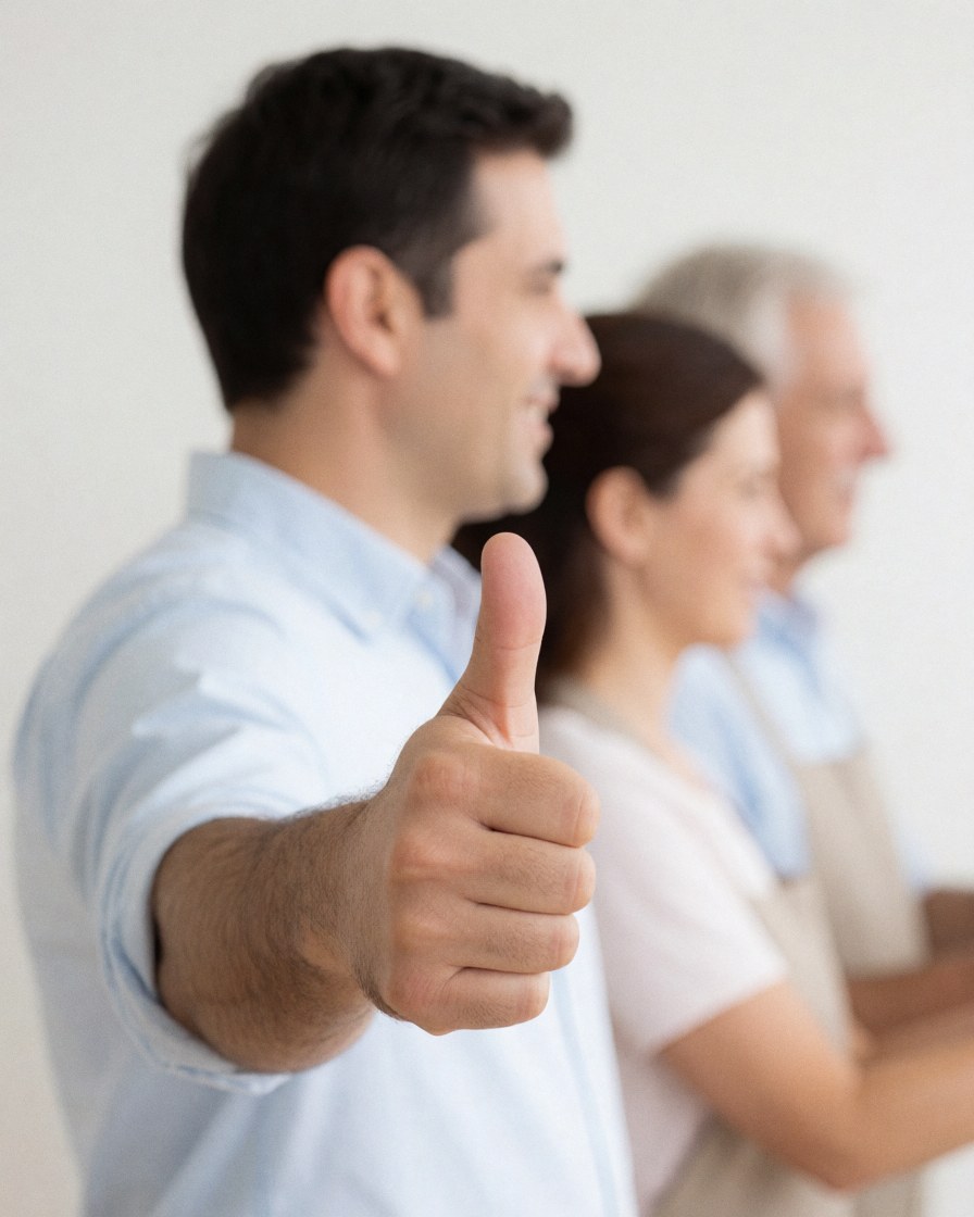 A man gives a thumbs-up while two other people look on with smiles against a white background.