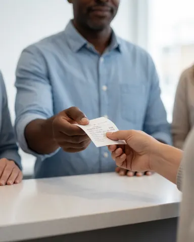 A customer receives a payment receipt from an employee behind a counter in a store or business.