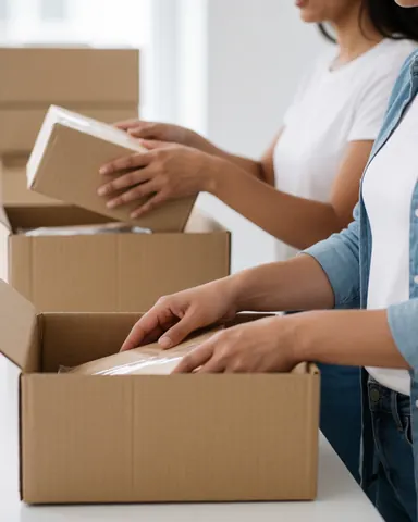 Two people packing products into cardboard boxes on a white table, working together in an indoor setting.