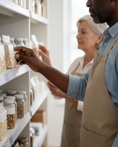 A man and a woman browse products on shelves in a store, both wearing aprons, in a clean and well-lit environment.