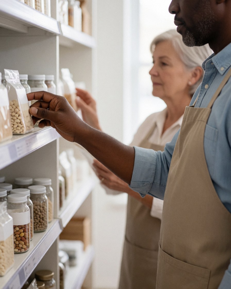 A man and a woman browse products on shelves in a store, both wearing aprons, in a clean and well-lit environment.
