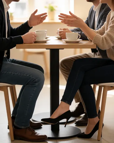 Two people conversing seated at a coffee table with coffee cups, open hand gestures, and professional dialogue expressions.
