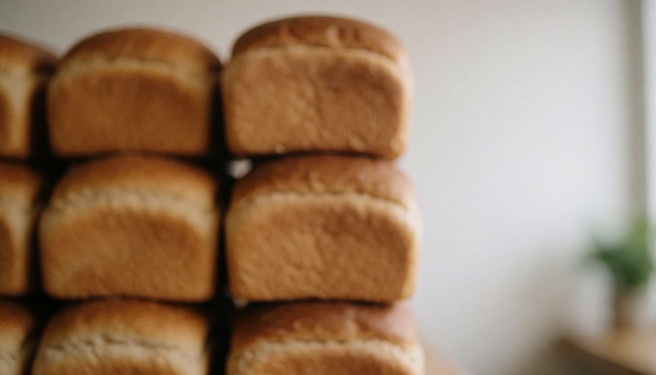 Freshly baked loaf bread stacked in a neat pile, with a golden and soft texture.