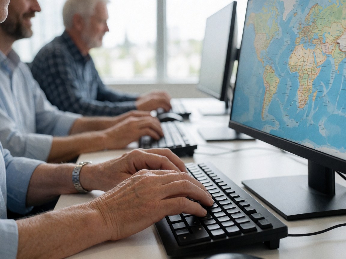 Adults' hands typing on computers with a world map on screen.