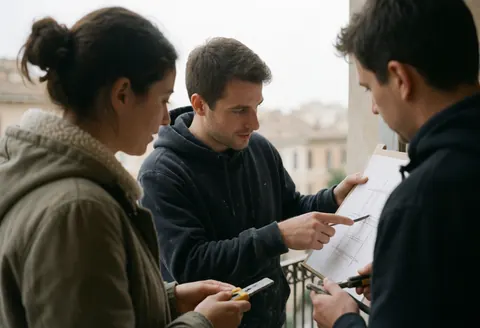 Installer reviewing solar installation sketch with clients on a rooftop terrace, holding tools, with an urban background and soft natural lighting.