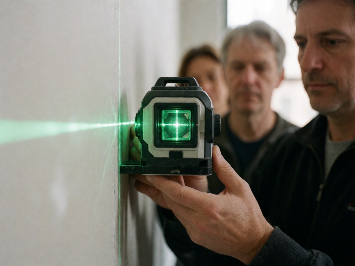 A man holds a green laser level projecting a line on a white wall, while others observe in the background.