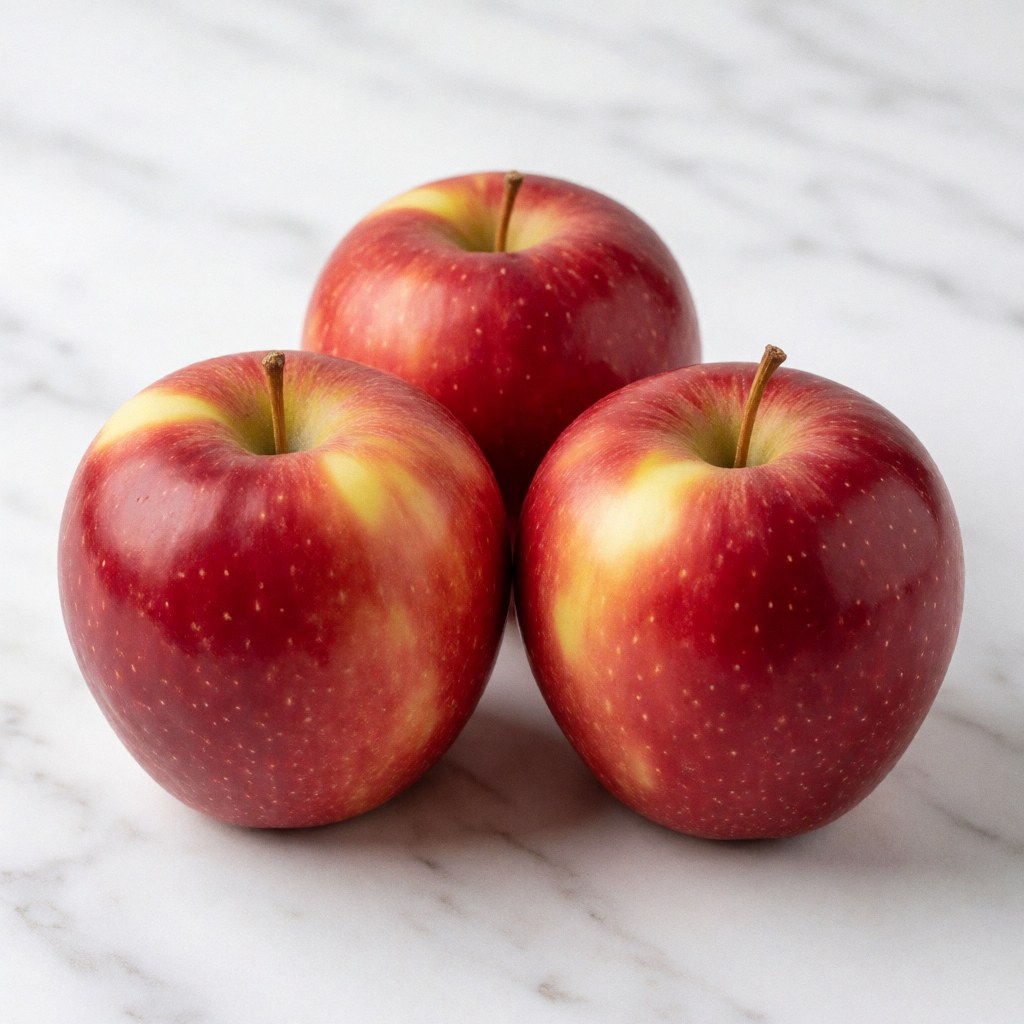 Three shiny red apples resting on a polished white marble surface.