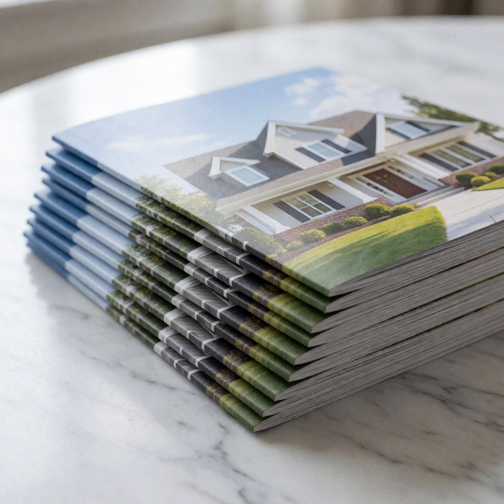 Stack of real estate brochures with house photos, on a white and gray marble table.