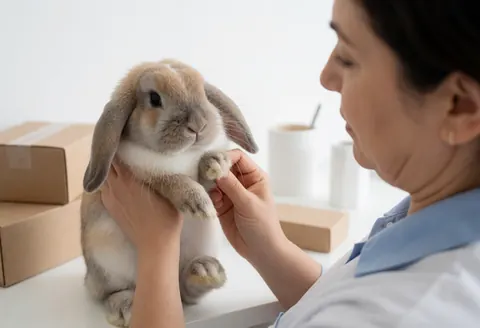 A woman examines a rabbit with drooping ears on a white table, with cardboard boxes and mugs in the background.