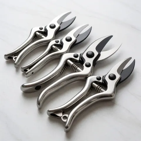 Shiny stainless steel pruning shears arranged neatly on a white marble surface for landscaping and gardening.