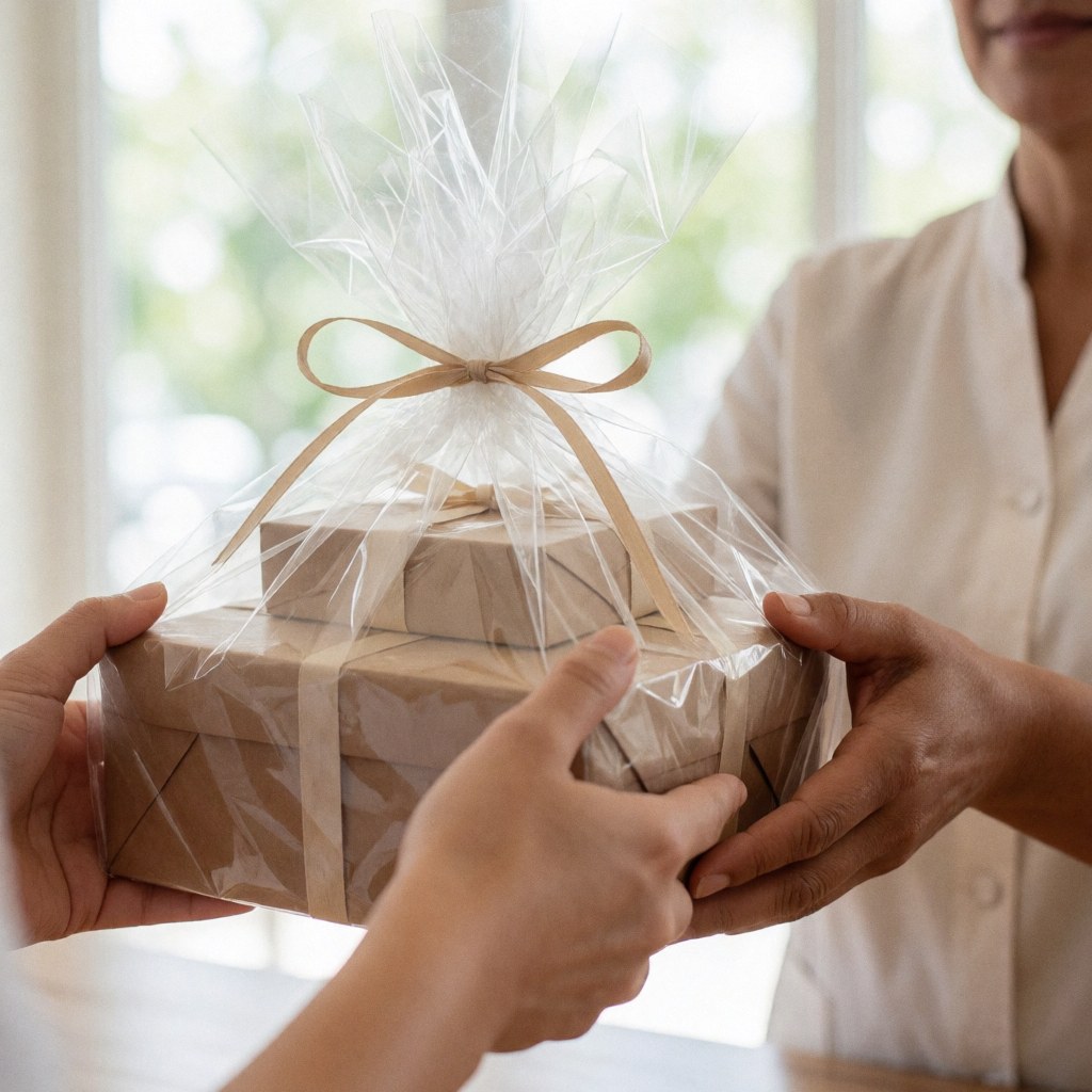 A person hands over a gift basket wrapped in kraft paper and clear plastic with a natural twine bow.