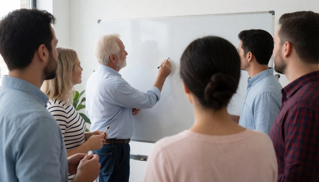 Group of professionals of different ages working together around a whiteboard in a bright modern office, focusing on teamwork and idea presentation.