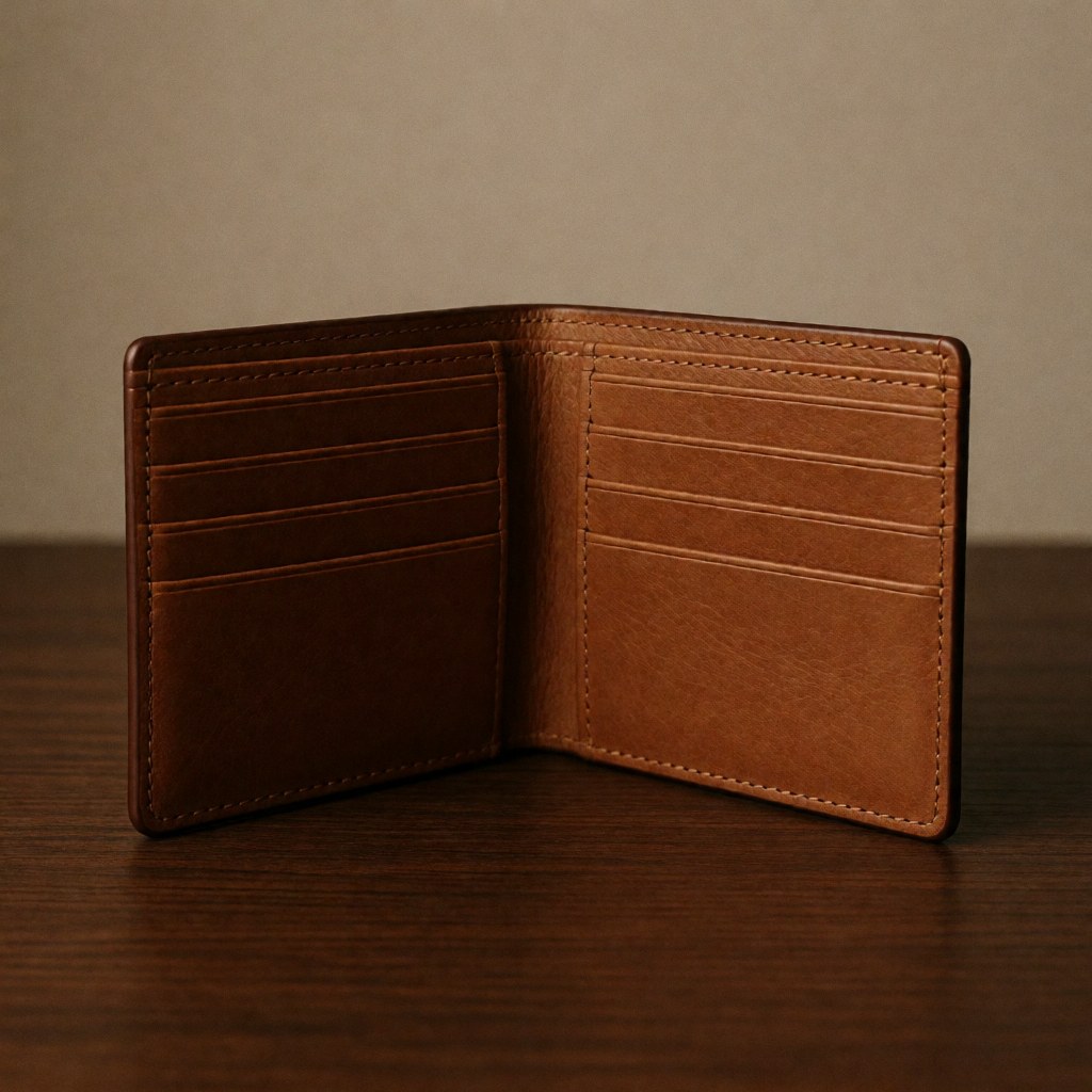 Brown leather wallet with card slots, open on a wooden table.