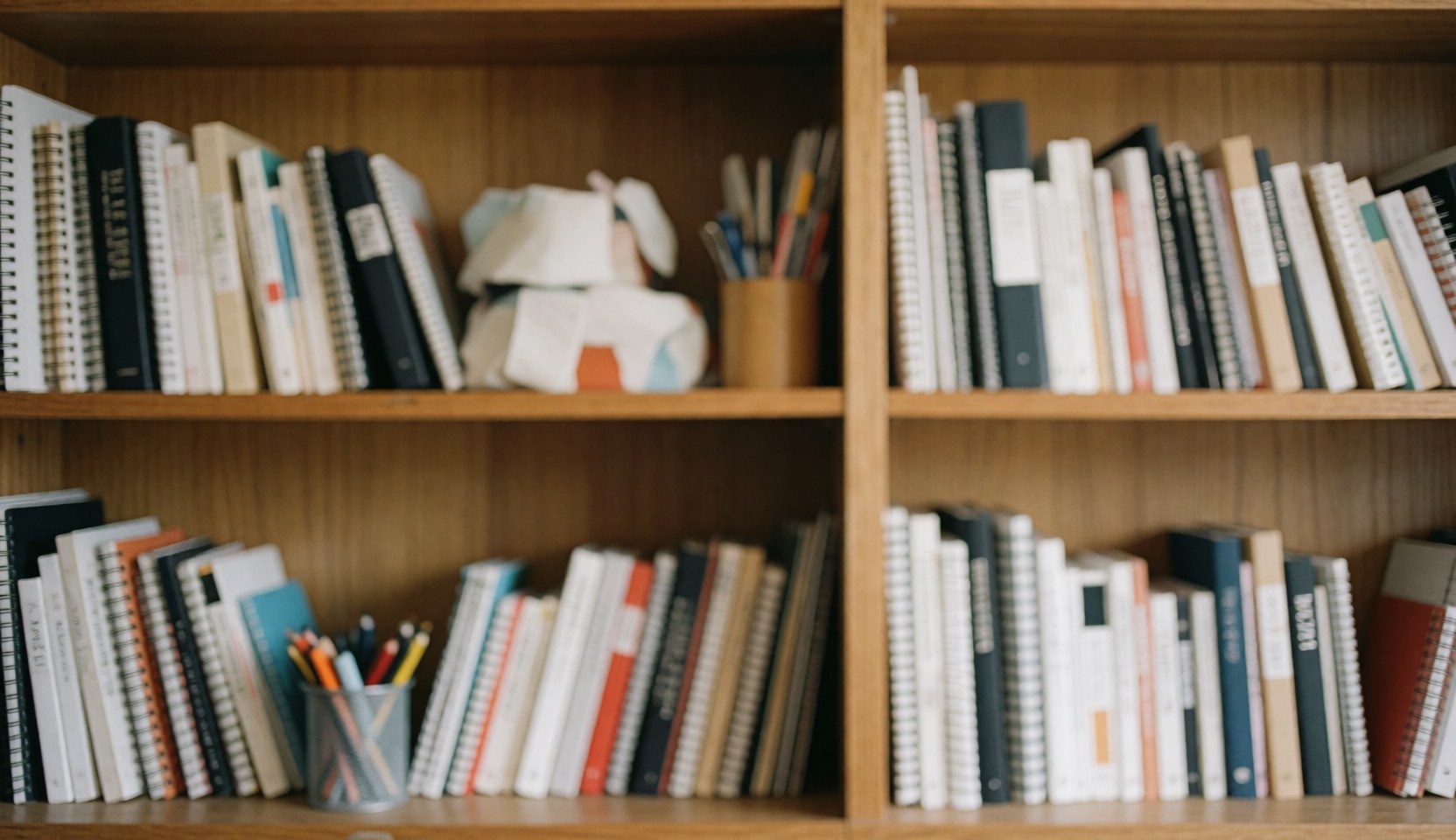 Wooden shelf filled with notebooks, books, and office supplies in a workspace.