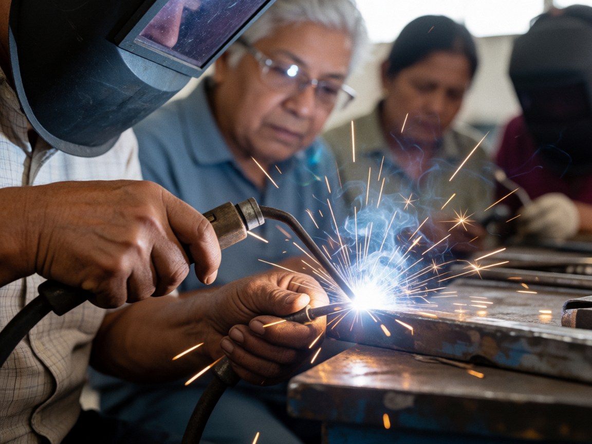 A welder wearing a helmet and gloves works in a factory, generating sparks while welding a metal piece.