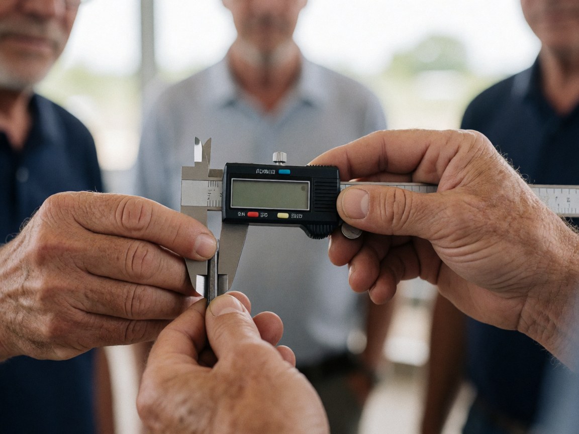 Adult hands measuring with a digital caliper at a worksite.