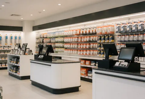 Interior view of a modern hardware store featuring white checkout counters, computers, and neatly organized product shelves under bright lighting.