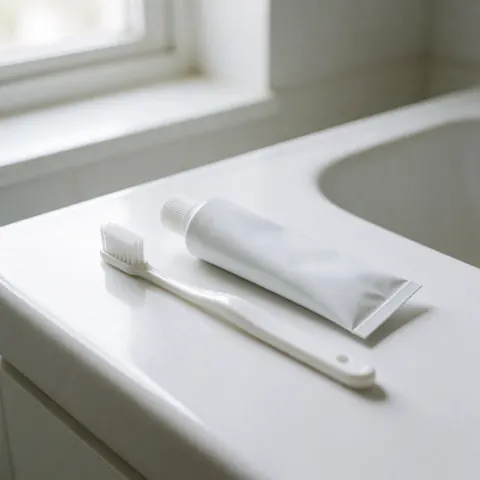 New toothbrush and tube of toothpaste on a white countertop with natural light, clean and minimalist scene for oral hygiene