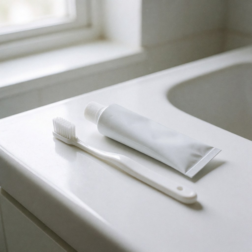 A toothbrush and a tube of toothpaste on the edge of a white bathroom sink.