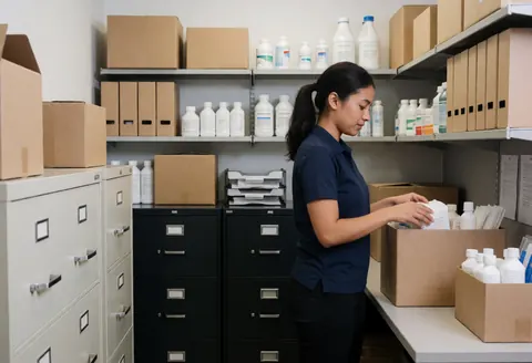 An employee organizes products in an office with shelves, boxes, and filing cabinets.