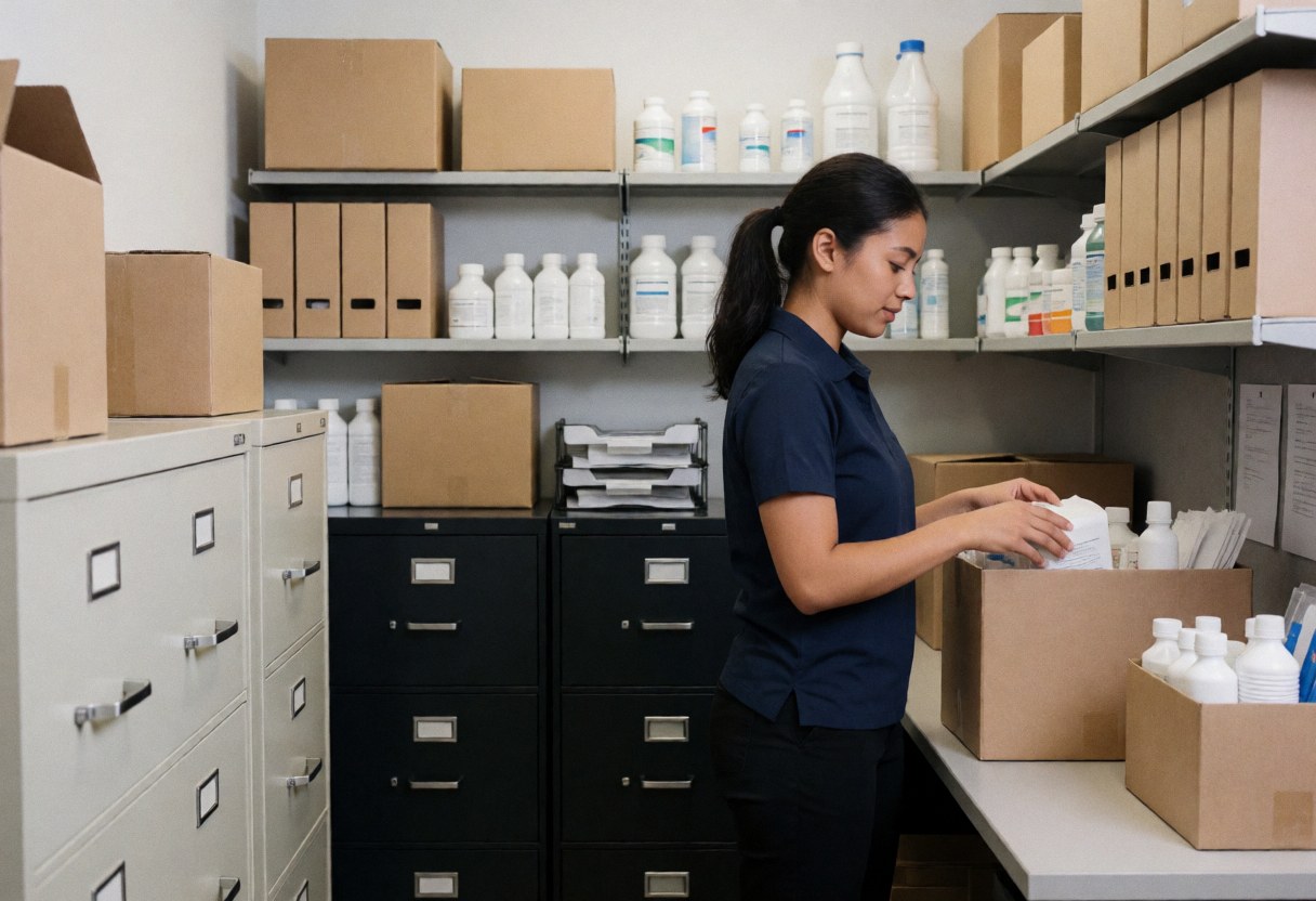 An employee organizes products in an office with shelves, boxes, and filing cabinets.