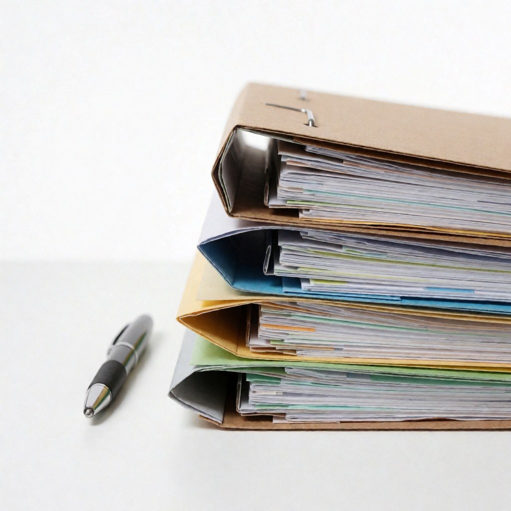 Stack of folders with documents and a pen on a white desk.
