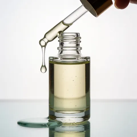 A drop of serum falls from a pipette into a clear glass bottle on a reflective surface.