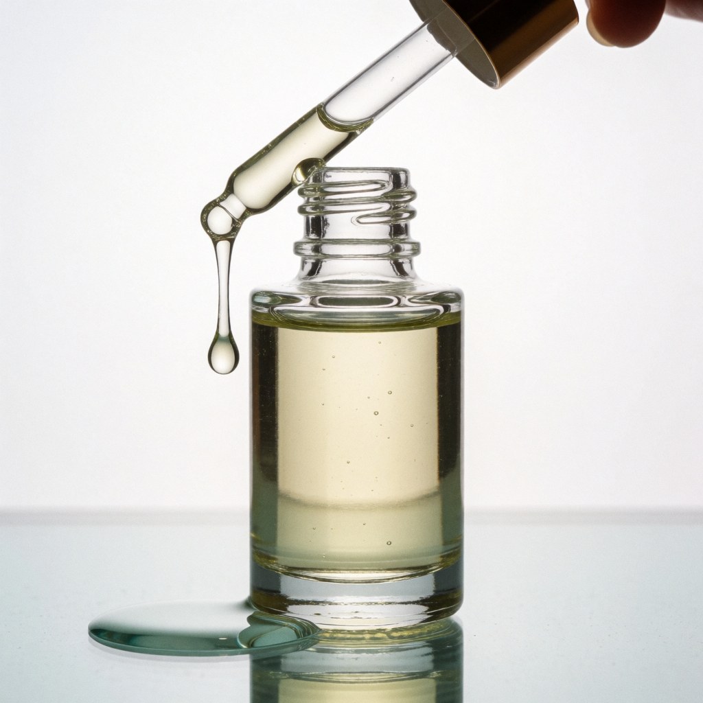 A drop of serum falls from a pipette into a clear glass bottle on a reflective surface.