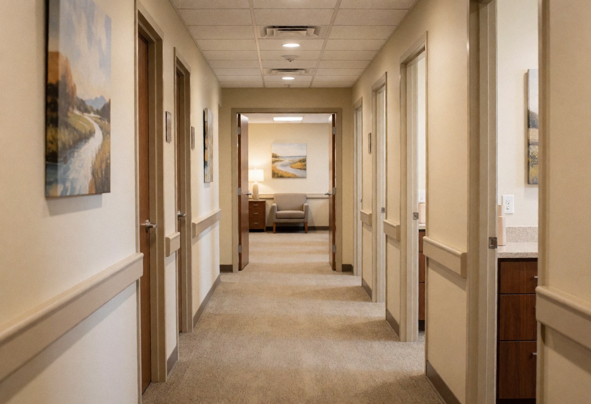 Interior hallway of a clinic with beige walls, room doors, and landscape paintings hanging.