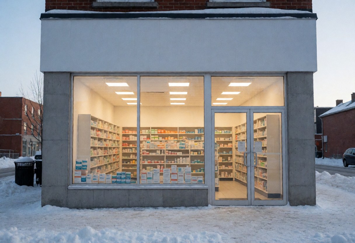 Pharmacy storefront with illuminated display window and shelves of medicines, in winter with snow on the ground.