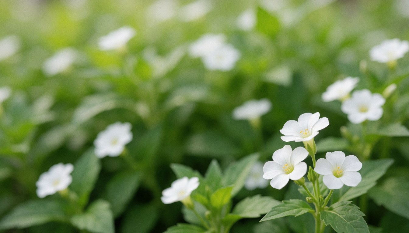 White flowers with yellow centers grow among green leaves in a garden.