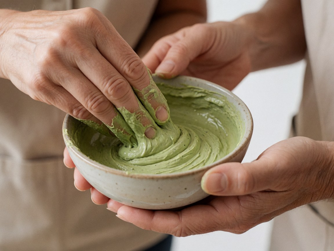 Hands mixing a green mask in a ceramic bowl.