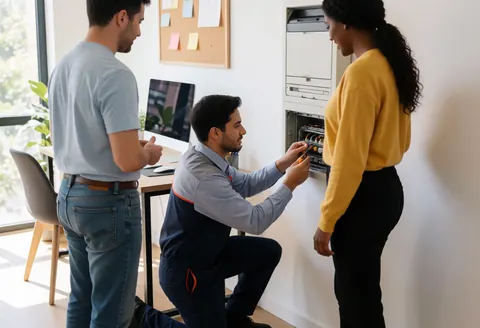 Technician in uniform inspecting an air conditioning unit in an office while two people watch.