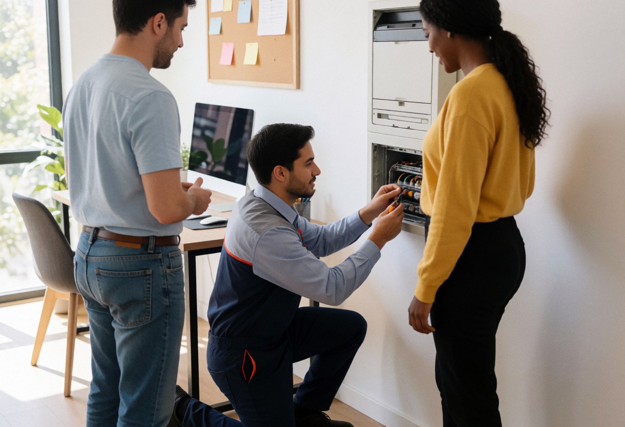 Technician in uniform inspecting an air conditioning unit in an office while two people watch.