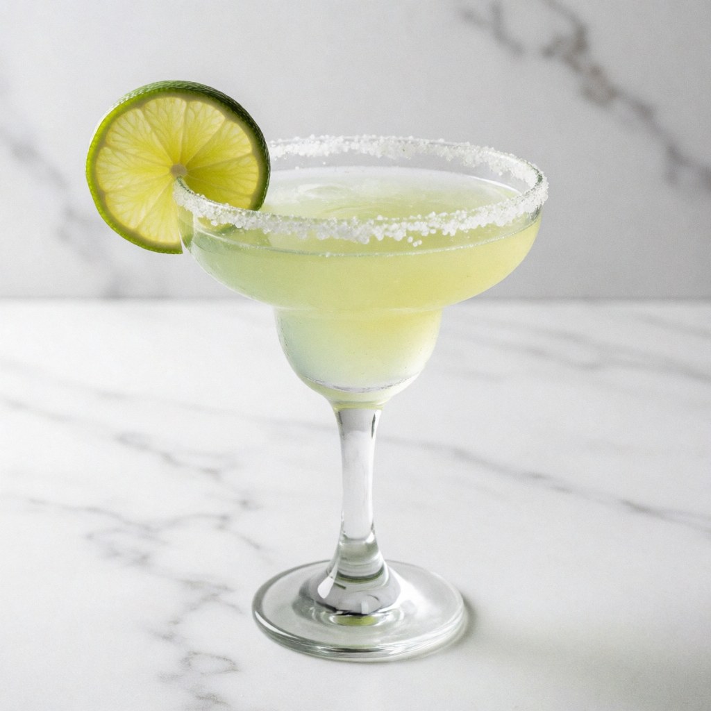 Margarita with salt rim and lime slice on white marble.