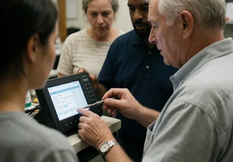 A technician shows data on a solar monitor while others observe and assist during an installation.