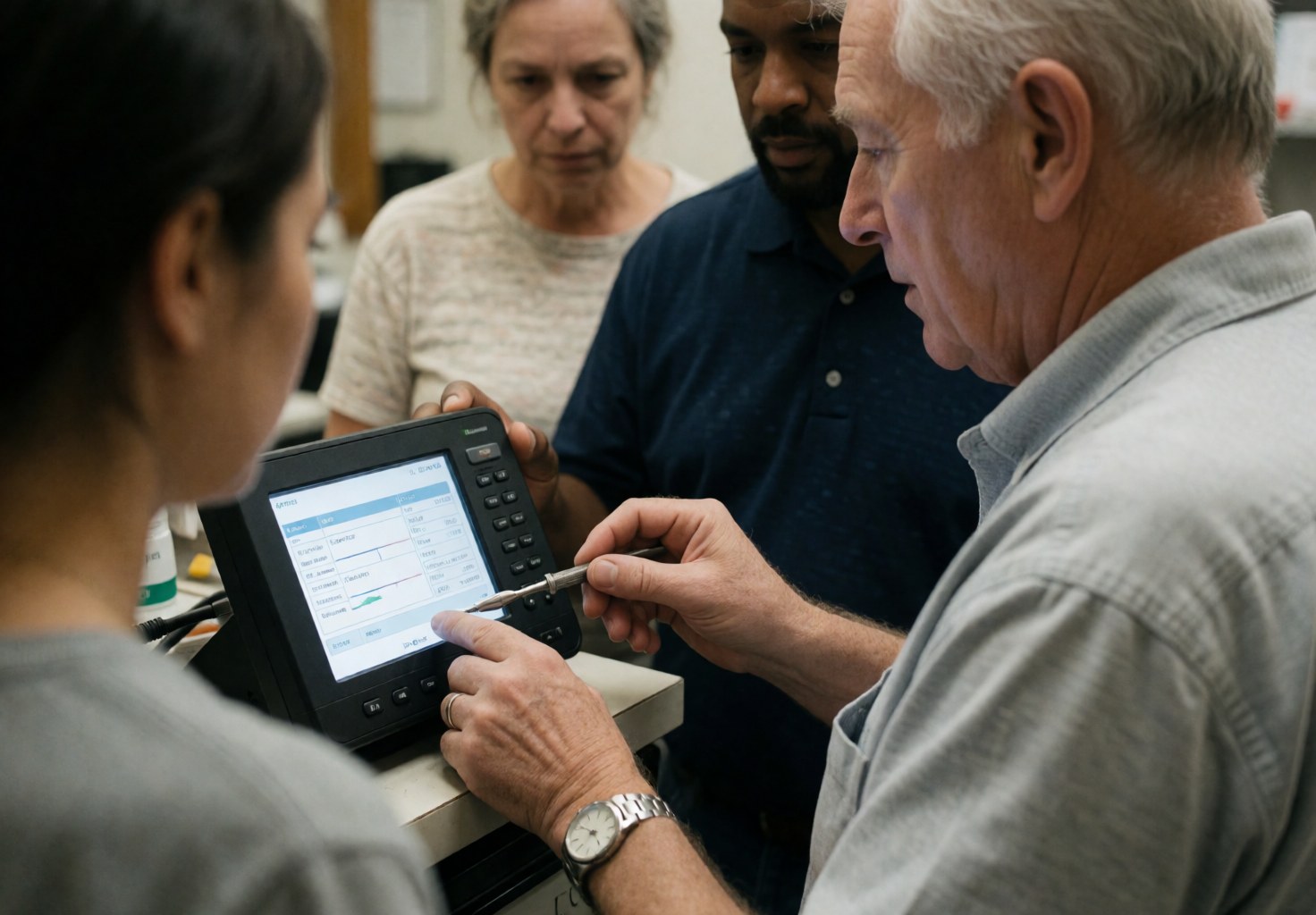 A technician shows data on a solar monitor while others observe and assist during an installation.