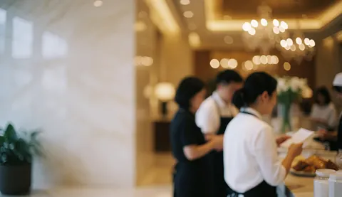 Hotel staff attending guests at a reception with warm lights and elegant decor.