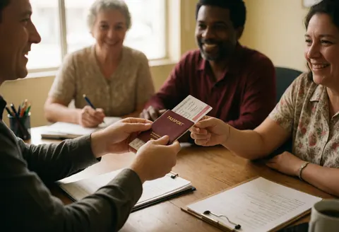 Travel agent hands passport and tickets to a smiling client at a wooden desk with documents, pen, and coffee cup in a warm office.