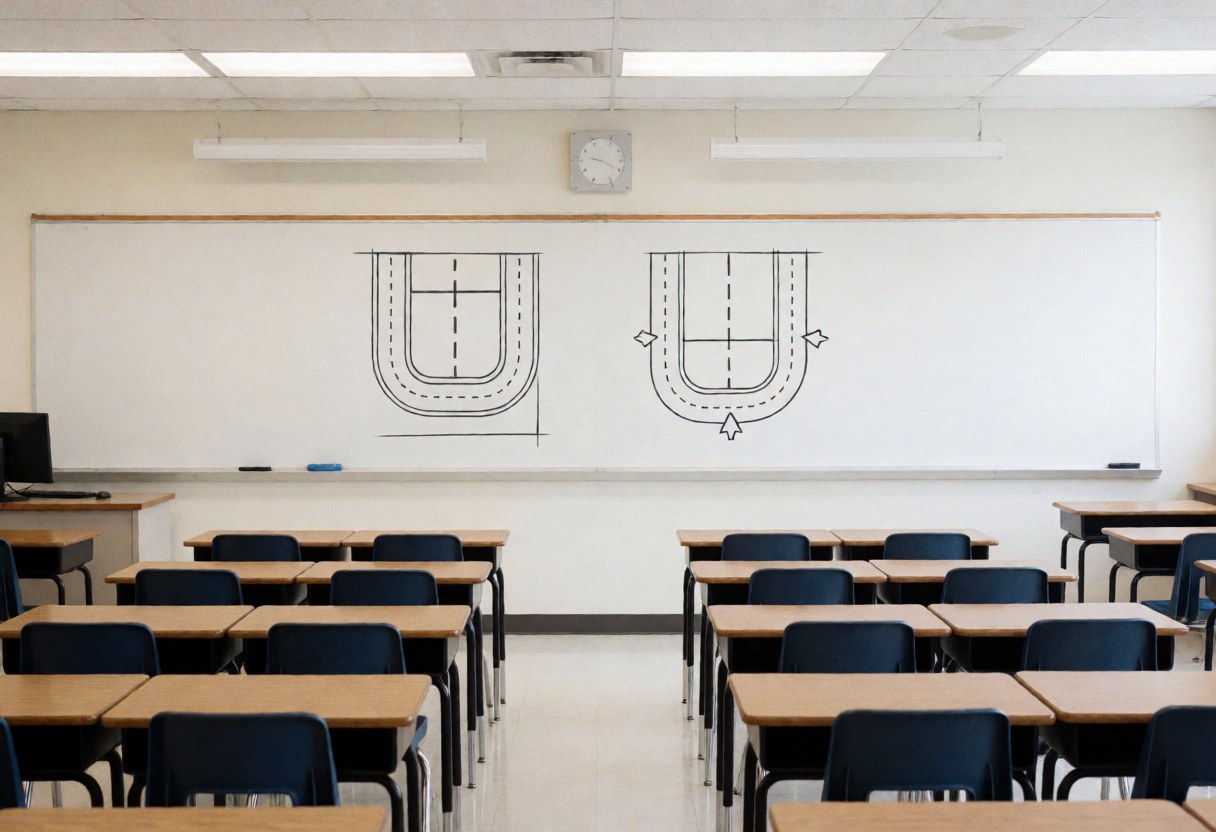 Empty driving school classroom with whiteboard and road circuit diagrams.