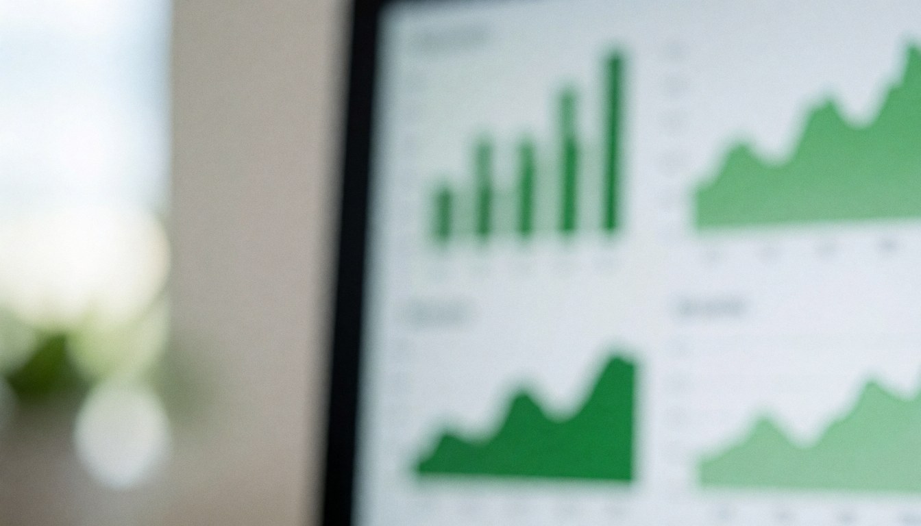 Screen showing green bar and line financial charts in an office environment.