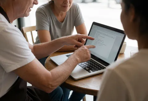 Three people review work on a laptop at a wooden table in a cafe with natural light, showing a productive and relaxed collaborative learning environment.