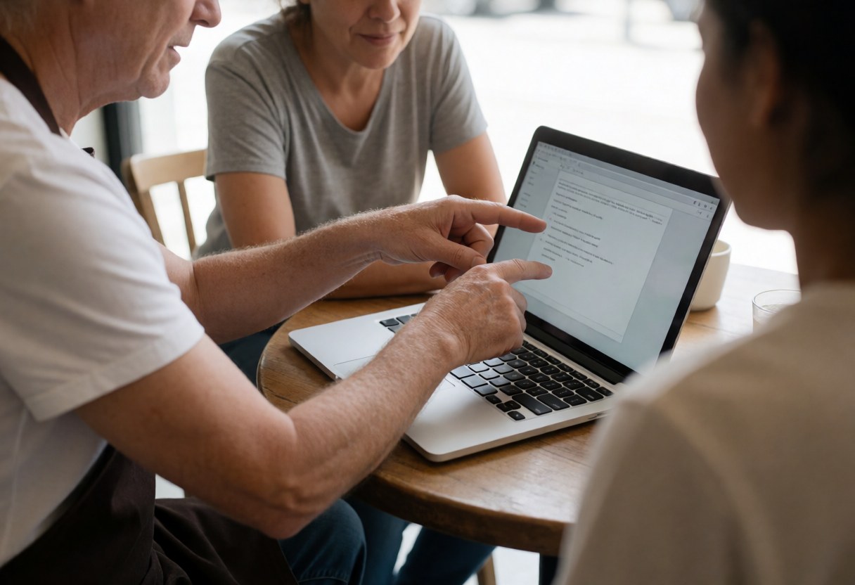 Three adults review a document on a laptop computer sitting at a café table.