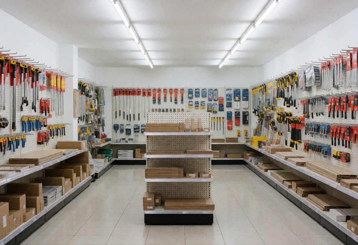 Hardware store aisle filled with wrenches, keys, and construction materials under bright fluorescent lights.