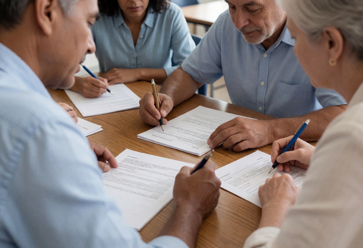 Four adults seated at a table reviewing and signing documents in a classroom.