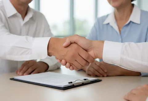 Two people shaking hands over a table with documents on an office desk.