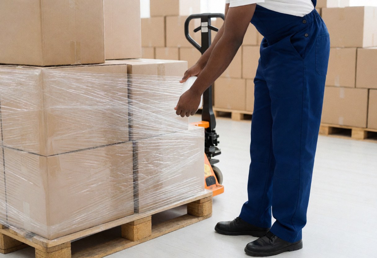 A logistics worker wraps a pallet of boxes with plastic film in a warehouse for shipping
