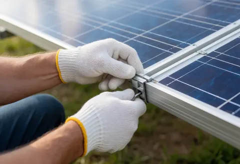 A technician wearing gloves adjusts a connector on a solar panel frame under bright sunlight in an open grassy field