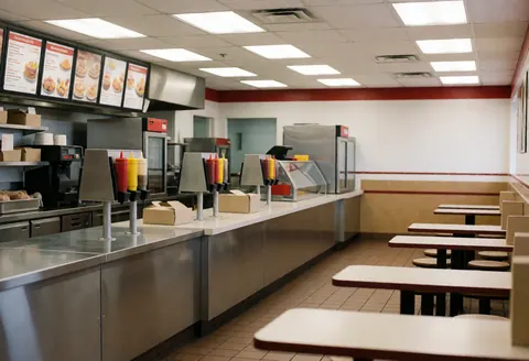A clean and ready fast food restaurant interior featuring tables, a service counter with sauces, fluorescent lights, and the cash register area.