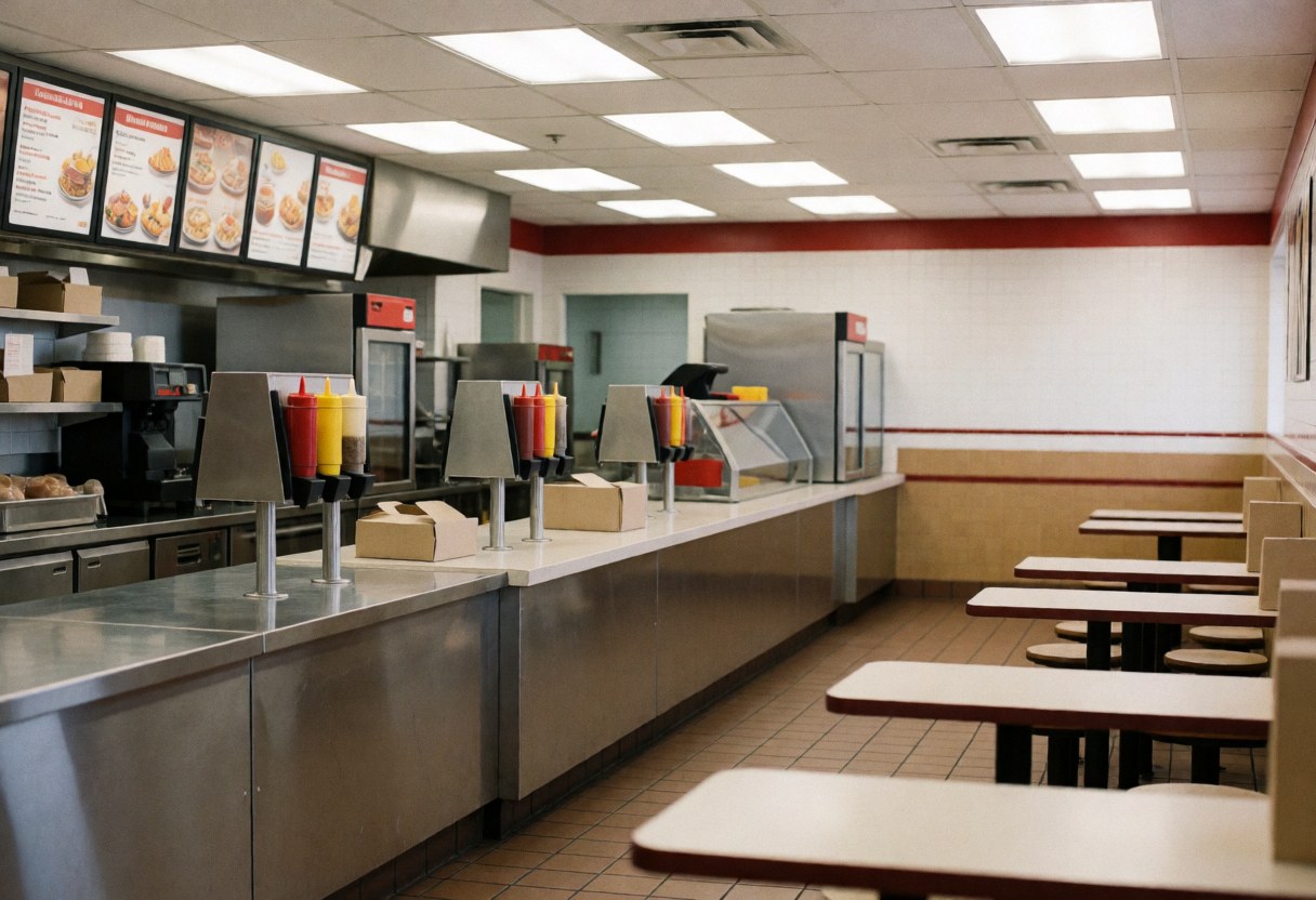 A clean and ready fast food restaurant interior featuring tables, a service counter with sauces, fluorescent lights, and the cash register area.